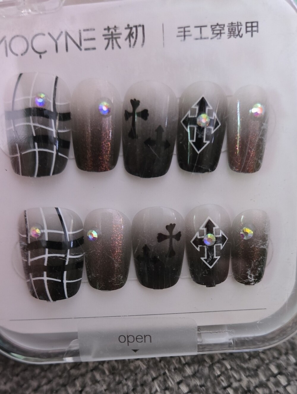 Goth Black Ombre Cross & Plaid Press-On Nail Set with Rhinestones.